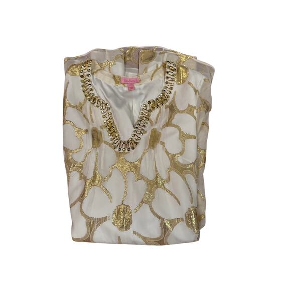 LILLY PULITZER Colby Tunic Dress in Gold Metallic Floral Silk Chiffon Size 4 - Picture 4 of 7